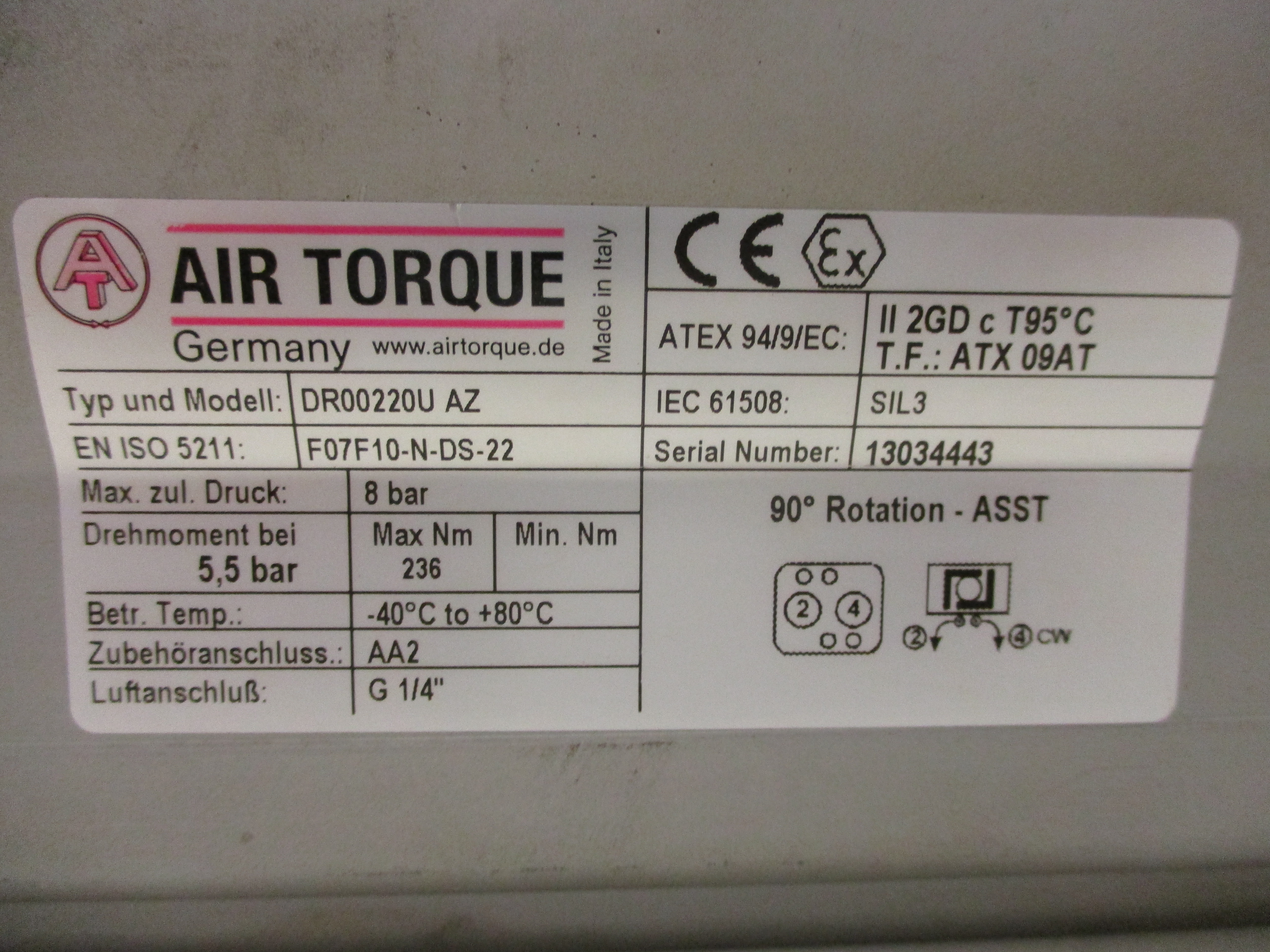 モリタAIR TORX TRA-200 エアーモーター 中古 AIR TORQUE DR00220U / F07F10-N-DS-22 ACTUATOR w/NORGREN 9710515