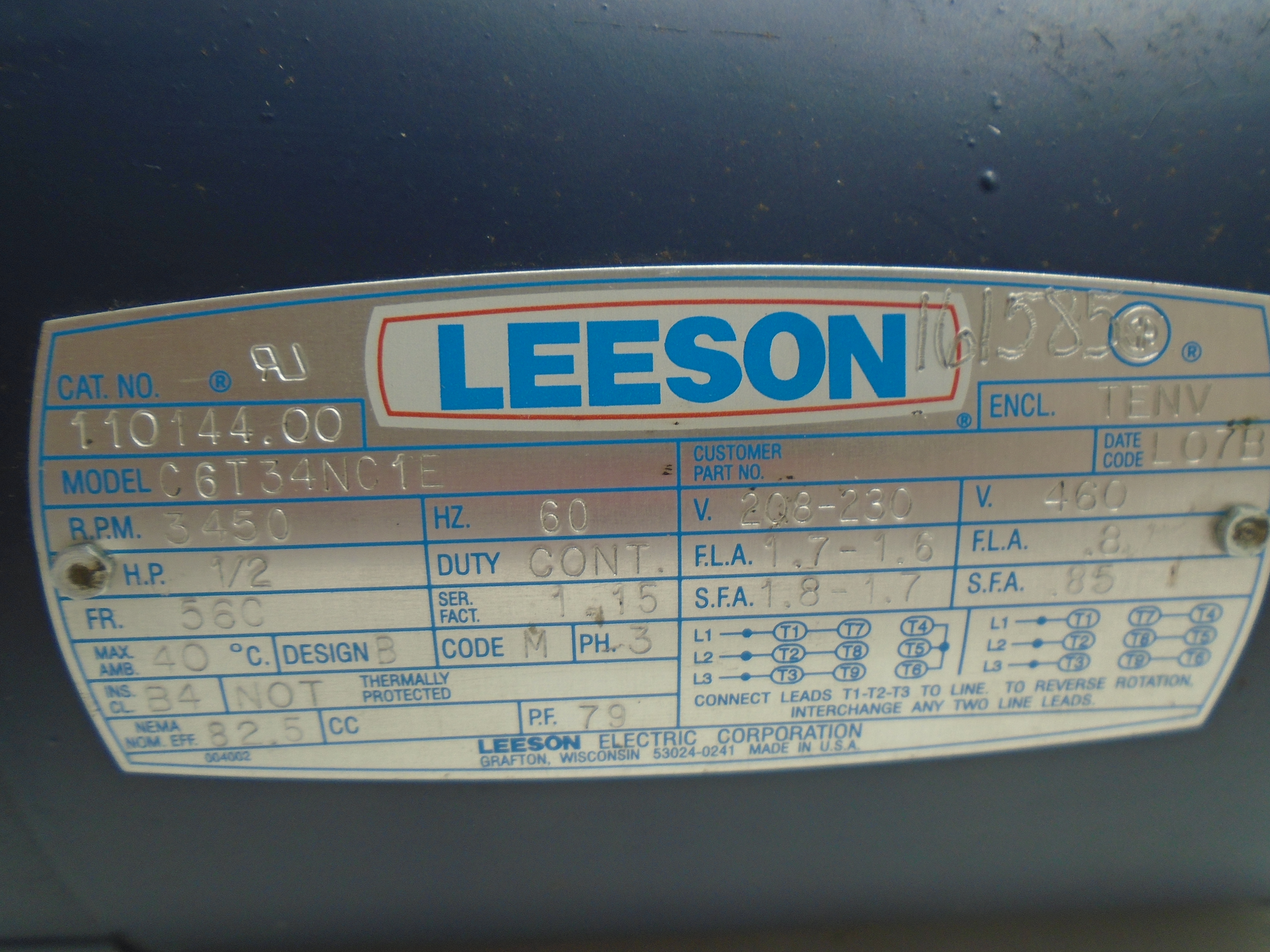 LEESON 110144.00 C6T34NC1E 460V Motore Elettrico – Usato Ma In Ottime Condizioni